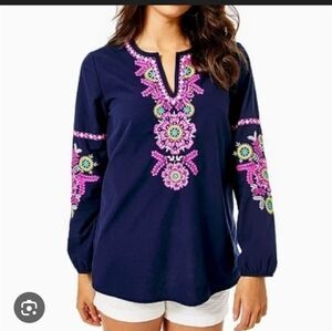 Lilly Pulitzer Coretta Tunic Top Embroidered Long Sleeve Navy Pink M